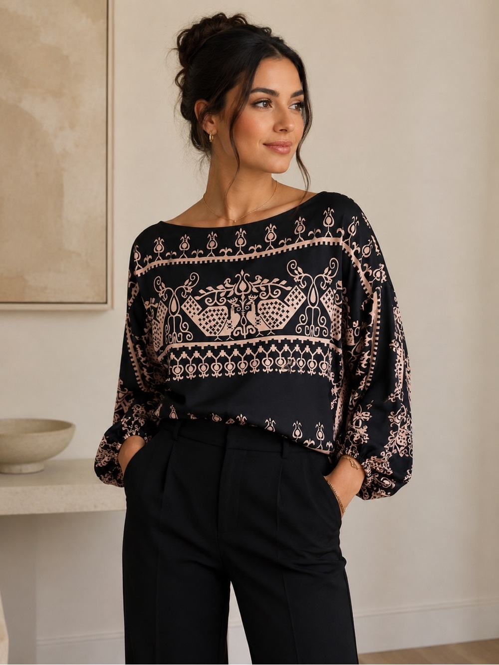 Source Unknown Black Blouse with Blush Scroll Print